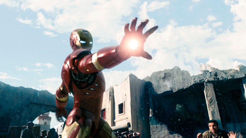 Iron Man (right) in battle, in the movie 